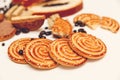 There are Pieces of Roll with poppyseed,Cookies,Halavah,Chocolate Peas,Tasty Sweet Food on the White BackgroundÃÅ½Ãâ¢Ãâ°ÃâÃÆÃÂ² Royalty Free Stock Photo